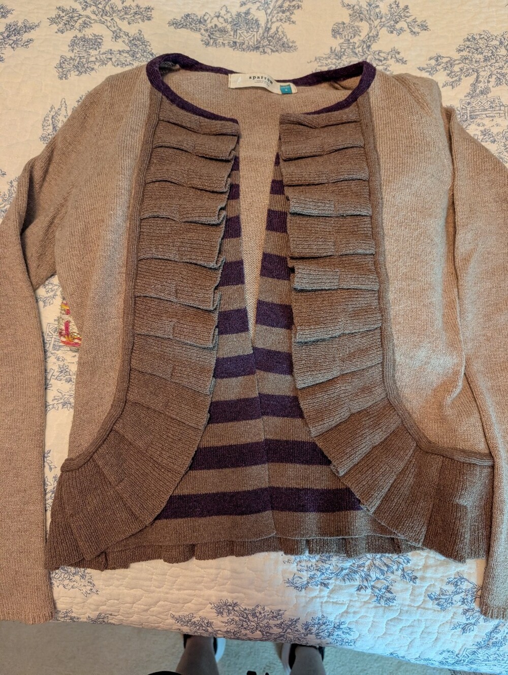 Anthropologie Sparro Taupe Cardigan with Purple Striped Interior and Ruffle Trim